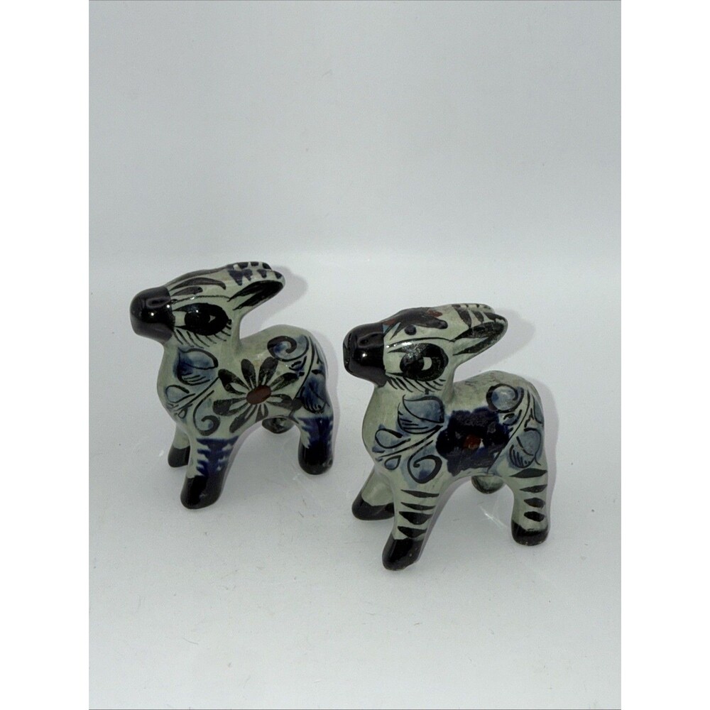 VTG LOT OF 2 MEXICAN TONALA DONKEYS/MULES. HANDPAINTED FOLK ART POTTERY